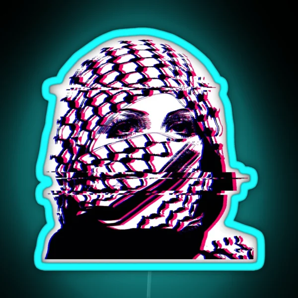 Woman In Palestinian Keffiyeh Glitch Art RGB Neon Sign