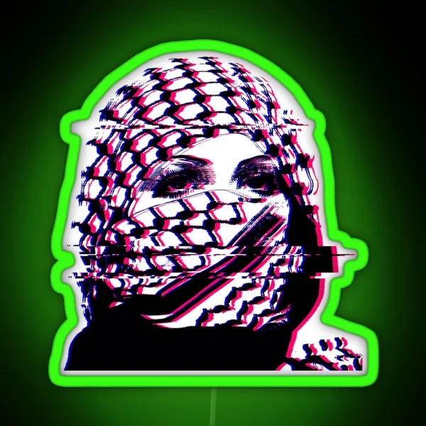 Woman In Palestinian Keffiyeh Glitch Art RGB Neon Sign
