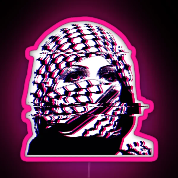 Woman In Palestinian Keffiyeh Glitch Art RGB Neon Sign