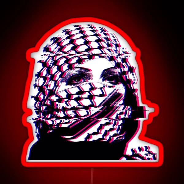Woman In Palestinian Keffiyeh Glitch Art RGB Neon Sign