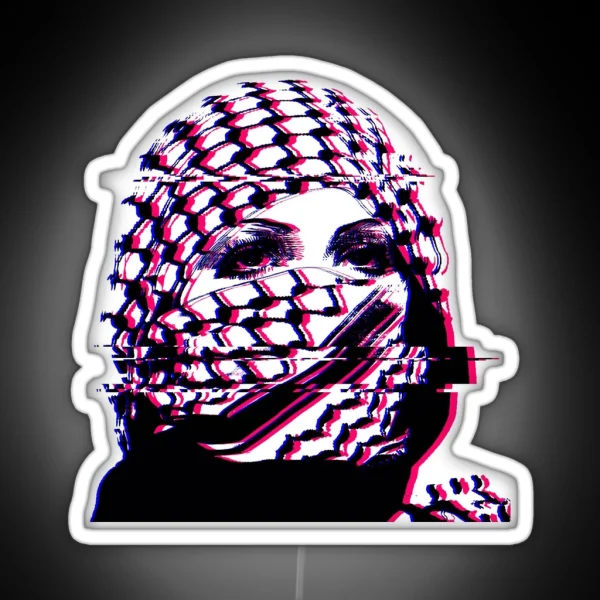 Woman In Palestinian Keffiyeh Glitch Art RGB Neon Sign