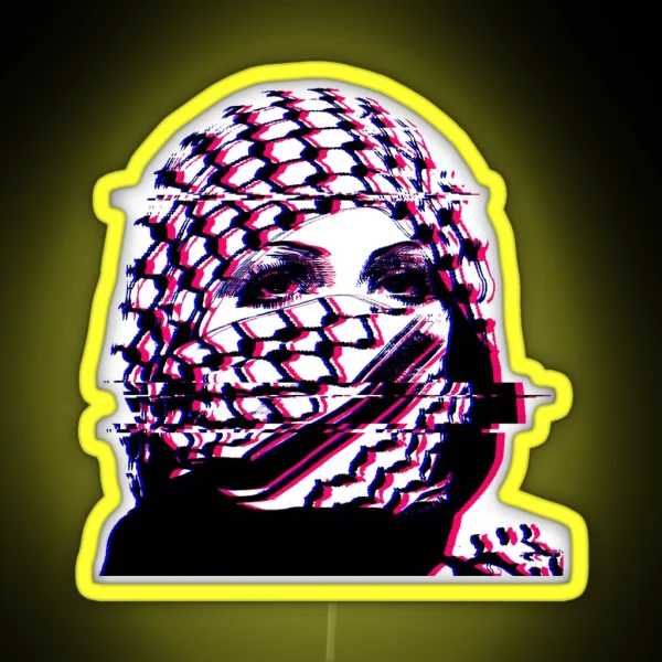Woman In Palestinian Keffiyeh Glitch Art RGB Neon Sign