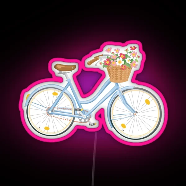 Women S Bicycle With Flowers In Basket RGB Neon Sign