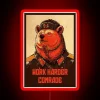 Motivational communist-inspired office decor with vibrant colorful glowing lettering accents.