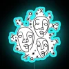 Colorful abstract face designs and letters in vibrant RGB neon.