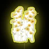 Vibrant yellow cosmos flowers glow in bright RGB neon lighting.