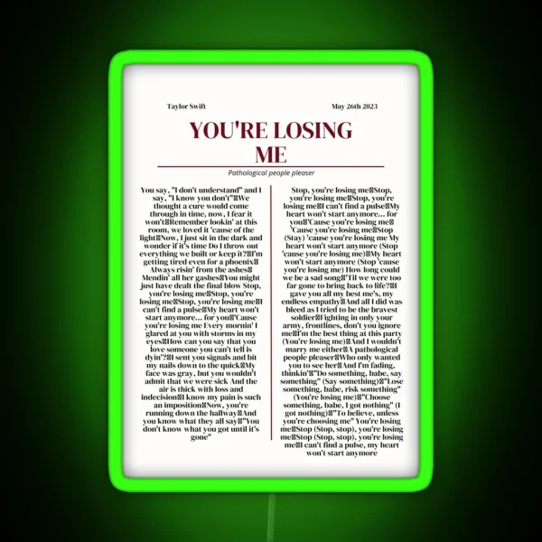 You Re Losing Me Taylor Swift News Article Style Poster RGB Neon Sign