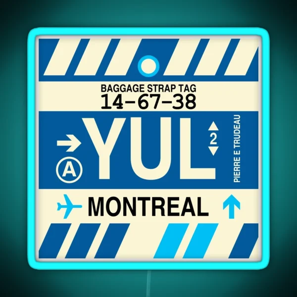 YUL Montreal Airport Code Vintage Baggage Tag Design RGB Neon Sign