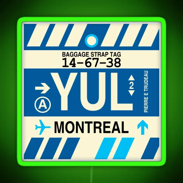 YUL Montreal Airport Code Vintage Baggage Tag Design RGB Neon Sign
