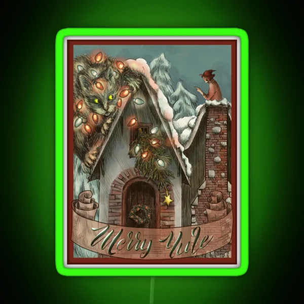 Yule Cat And A Little Witch Vintage Postcard RGB Neon Sign
