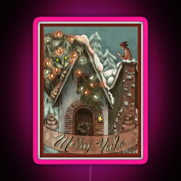 Yule Cat And A Little Witch Vintage Postcard RGB Neon Sign