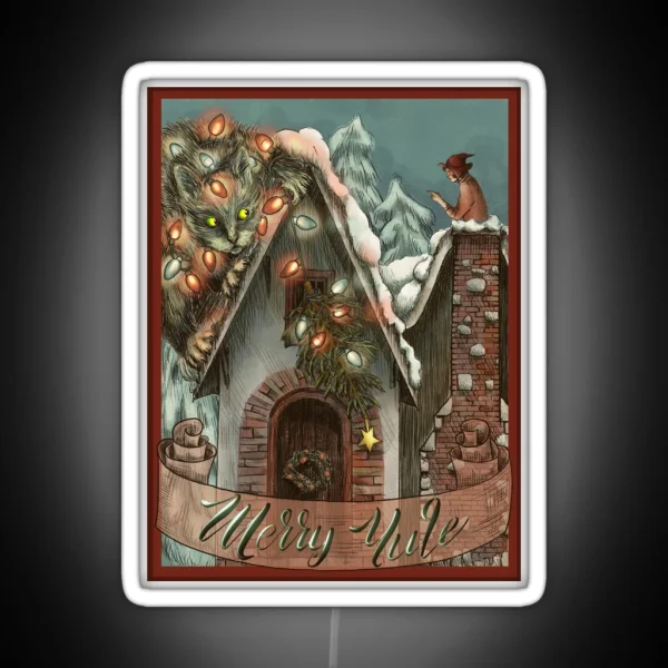 Yule Cat And A Little Witch Vintage Postcard RGB Neon Sign
