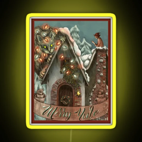 Yule Cat And A Little Witch Vintage Postcard RGB Neon Sign