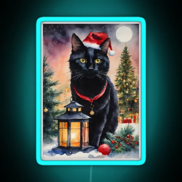 Yule Cat Black Cat Under The Full Moon At Christmas RGB Neon Sign