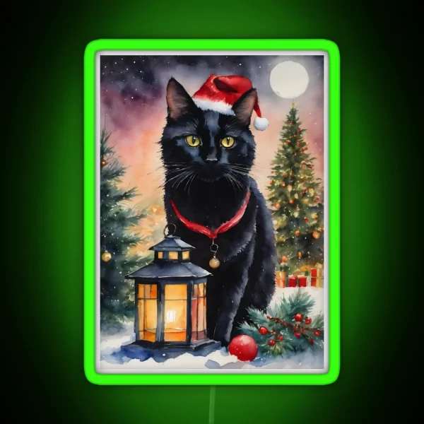 Yule Cat Black Cat Under The Full Moon At Christmas RGB Neon Sign