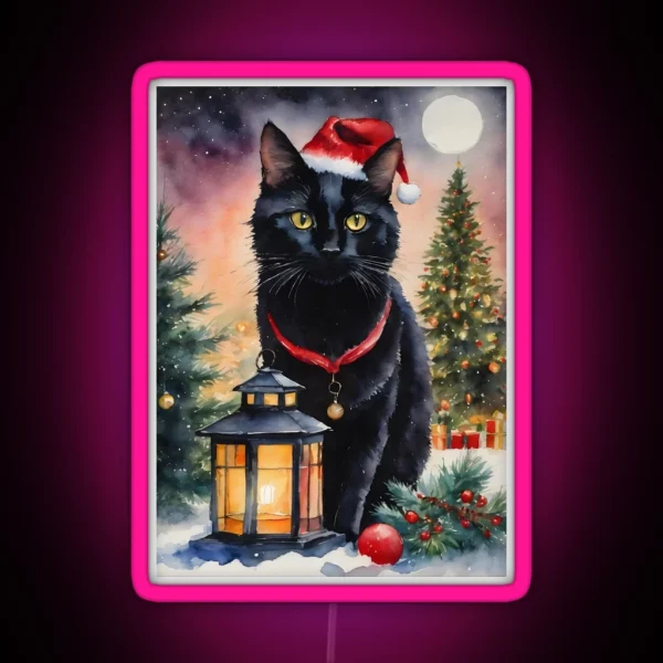 Yule Cat Black Cat Under The Full Moon At Christmas RGB Neon Sign