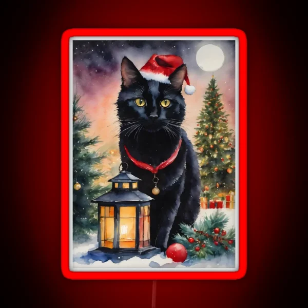 Yule Cat Black Cat Under The Full Moon At Christmas RGB Neon Sign