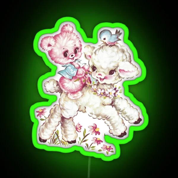 Baby Teddy Bear And Lamb Vintage Animal Illustration RGB Neon Sign