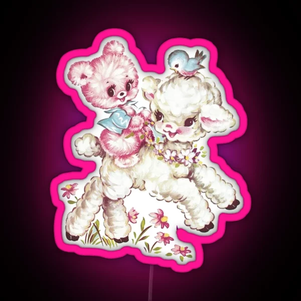 Baby Teddy Bear And Lamb Vintage Animal Illustration RGB Neon Sign