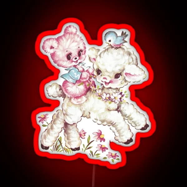 Baby Teddy Bear And Lamb Vintage Animal Illustration RGB Neon Sign