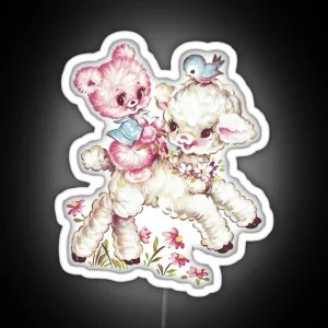 Baby Teddy Bear And Lamb Vintage Animal Illustration RGB Neon Sign