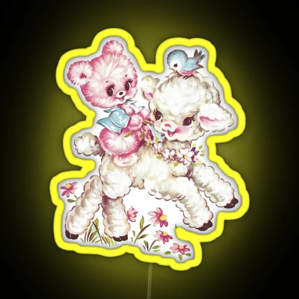 Baby Teddy Bear And Lamb Vintage Animal Illustration RGB Neon Sign