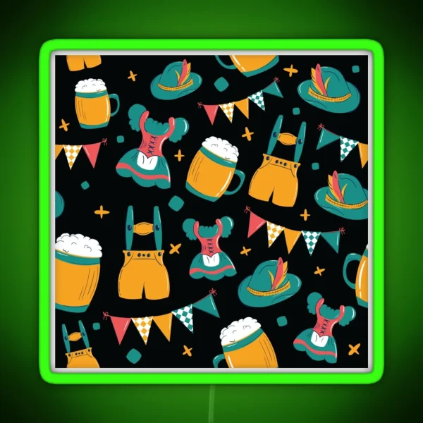 Beer Dirndl And Lederhosen Oktoberfest Pattern Black RGB Neon Sign