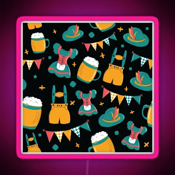 Beer Dirndl And Lederhosen Oktoberfest Pattern Black RGB Neon Sign