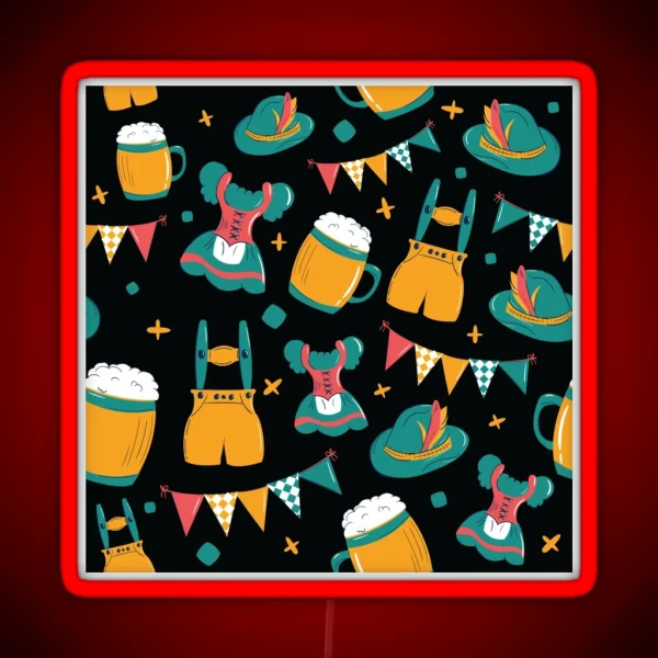 Beer Dirndl And Lederhosen Oktoberfest Pattern Black RGB Neon Sign