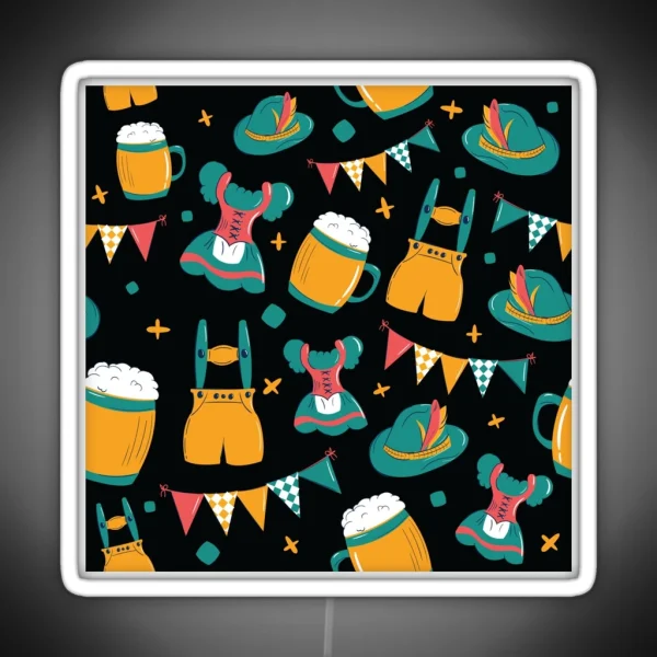 Beer Dirndl And Lederhosen Oktoberfest Pattern Black RGB Neon Sign