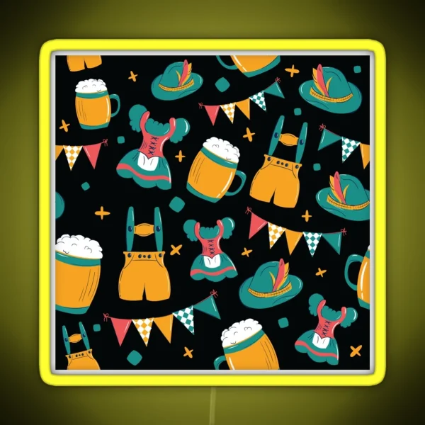Beer Dirndl And Lederhosen Oktoberfest Pattern Black RGB Neon Sign