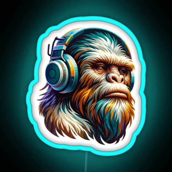 Bigfoot Wearing Headphones Painterly Art Style RGB Neon Sign
