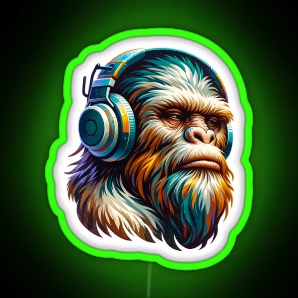 Bigfoot Wearing Headphones Painterly Art Style RGB Neon Sign