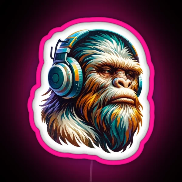 Bigfoot Wearing Headphones Painterly Art Style RGB Neon Sign