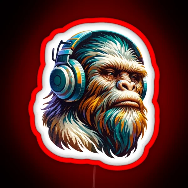 Bigfoot Wearing Headphones Painterly Art Style RGB Neon Sign