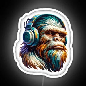 Bigfoot Wearing Headphones Painterly Art Style RGB Neon Sign