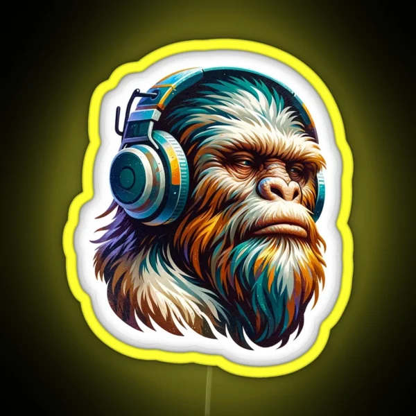 Bigfoot Wearing Headphones Painterly Art Style RGB Neon Sign