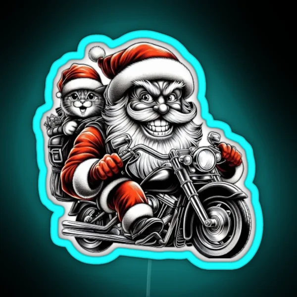 Biker Santa And Cat RGB Neon Sign