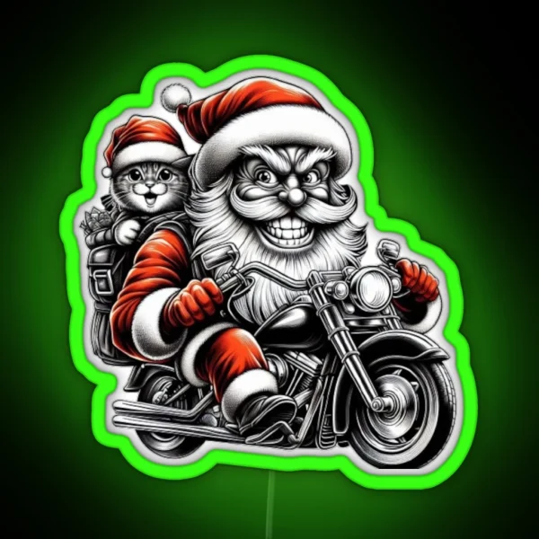 Biker Santa And Cat RGB Neon Sign
