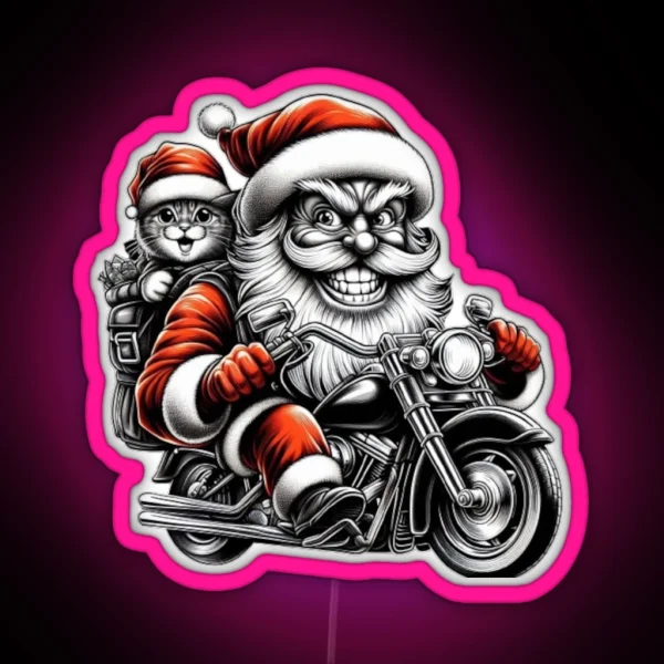 Biker Santa And Cat RGB Neon Sign