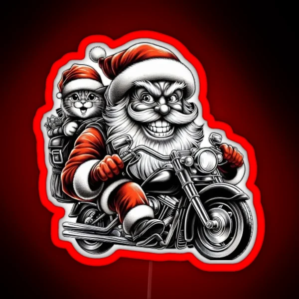 Biker Santa And Cat RGB Neon Sign