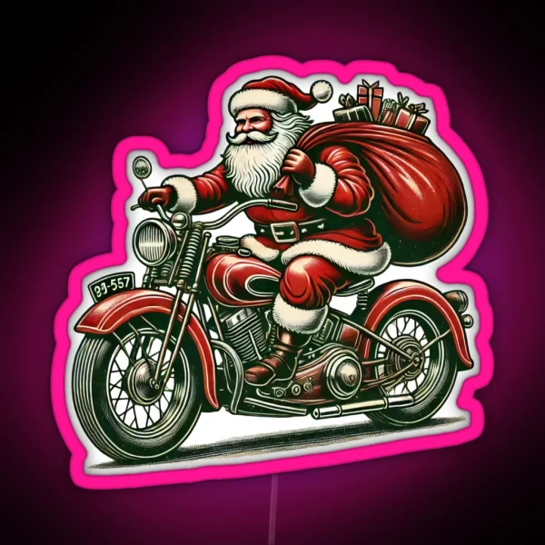 Biker Santa On Motorcycle Christmas Adventure RGB Neon Sign