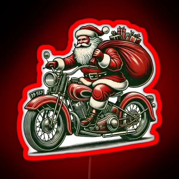 Biker Santa On Motorcycle Christmas Adventure RGB Neon Sign