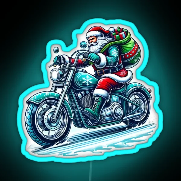 Biker Santa Riding A Motorcycle Christmas Design RGB Neon Sign