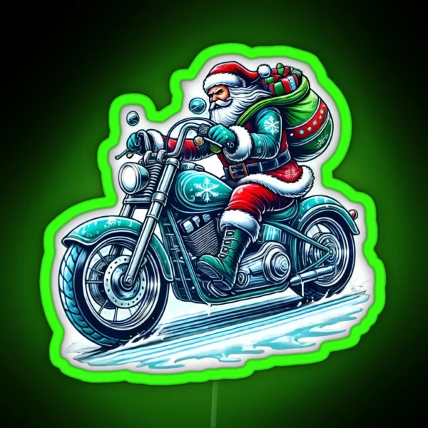 Biker Santa Riding A Motorcycle Christmas Design RGB Neon Sign