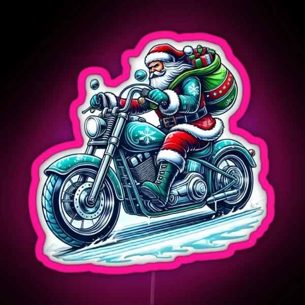 Biker Santa Riding A Motorcycle Christmas Design RGB Neon Sign