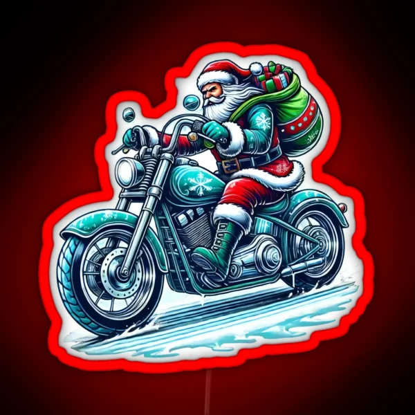 Biker Santa Riding A Motorcycle Christmas Design RGB Neon Sign