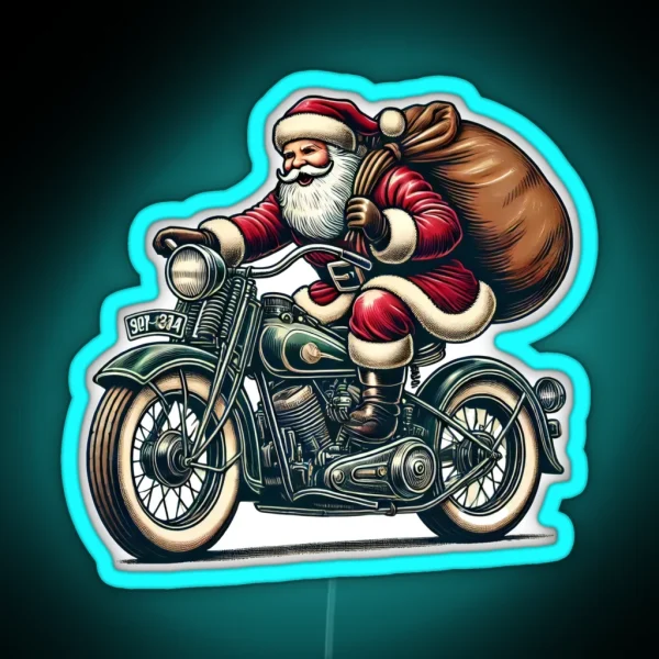Biker Santa Riding Motorcycle Holiday Illustration RGB Neon Sign