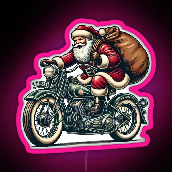 Biker Santa Riding Motorcycle Holiday Illustration RGB Neon Sign