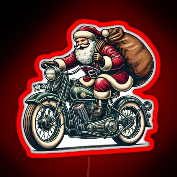Biker Santa Riding Motorcycle Holiday Illustration RGB Neon Sign